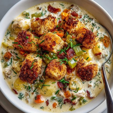 Pickle-Fix Buffalo Clam Chowder topped with golden dill croutons, creamy texture and vibrant color.