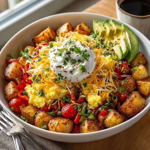 Colorful Southwest Spice Green Chile Breakfast Burrito Bowl featuring fluffy scrambled eggs, green chiles, and hearty potato base.