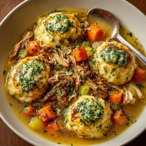 Tender chicken and fluffy dumplings in creamy broth, topped with tangy pickle herb butter for Midwest Classic Chicken and Dumplings.