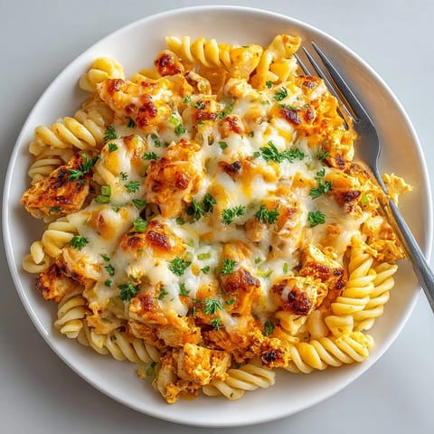 This photo showcases a comforting Buffalo Chicken Pasta Bake, loaded with spicy buffalo flavor.