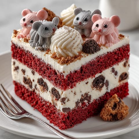 Indulge in a moist Chaos Cake Red Velvet, imagine the rich flavor and "rat" accents!