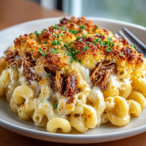 A comforting, cheesy baked BBQ pulled pork mac and cheese with a crispy breadcrumb topping.