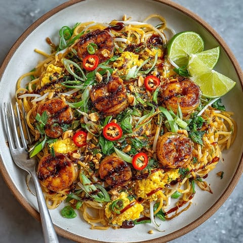 Creamy linguine tossed in Pad Thai Pasta Fusion with Tamarind Glaze Drizzle, topped with peanuts and cilantro.