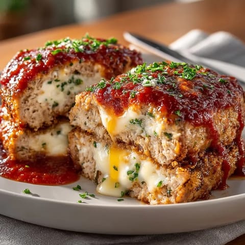 Juicy stuffed cheese chicken meatloaf served hot with herbs and tomato glaze for a family dinner.