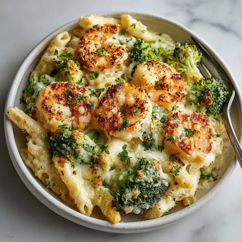 Creamy Shrimp and Broccoli Alfredo Bake topped with parsley, ready to serve as a hearty dinner.