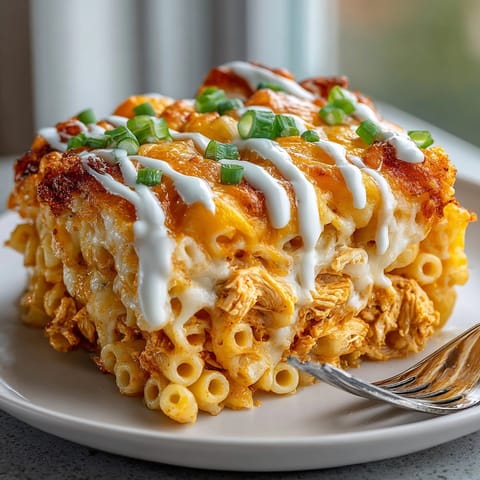 Cheesy buffalo chicken pasta bubbling hot from the oven, finished with a cool ranch drizzle.