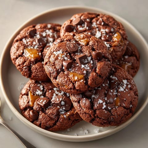 Freshly baked soft batch salted caramel chocolate fudge cookies cooling on a parchment-lined tray