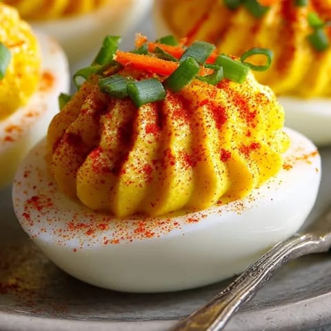 Spiced Jack-o&#39;-Lantern Deviled Eggs showcase creamy yolk filling and chive stems for pumpkin flair.