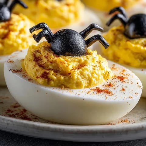 Easy Spooky Spider Deviled Eggs recipe: tangy filling and briny olive garnish for Halloween.