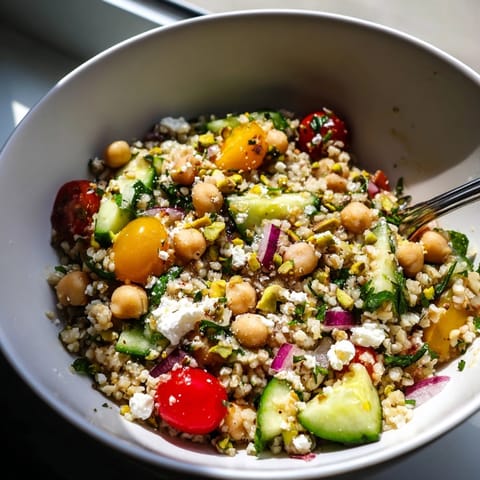 Jennifer Aniston Salad close-up: colorful mix of tomatoes, cucumber, herbs dressed with lemon.