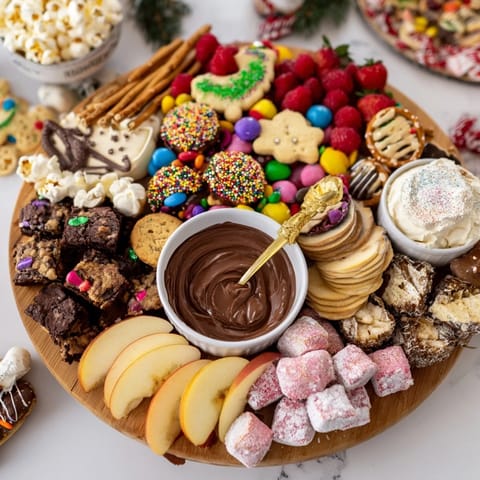 Decadent dessert board featuring an array of sweet treats and dips for sharing joy.  