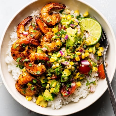 A vibrant easy grilled shrimp bowl bursting with flavors and fresh ingredients.  