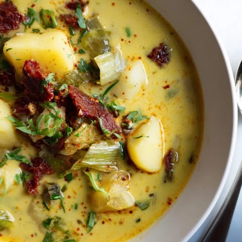 Rich and creamy Potato, Leek & Chorizo Soup with crusty bread alongside.  