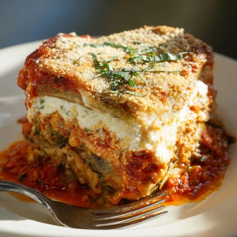 Layers of eggplant Parmesan lasagna topped with gooey mozzarella and fresh basil.  