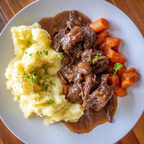 Juicy slow cooker pot roast with rich gravy, served atop fluffy, creamy mashed potatoes.