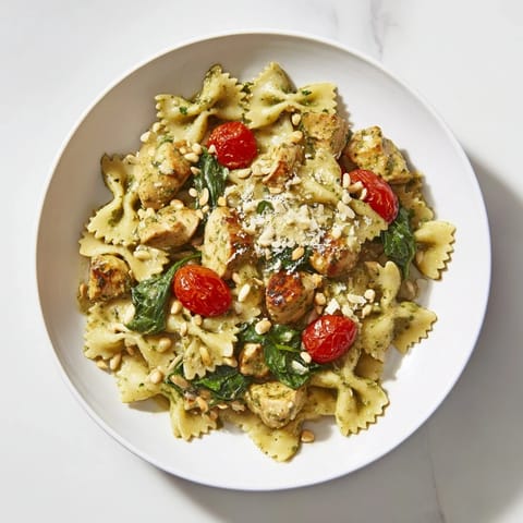 Savor the delicious Pesto Chicken Bowtie Pasta, a comforting Italian-American meal with fresh basil.