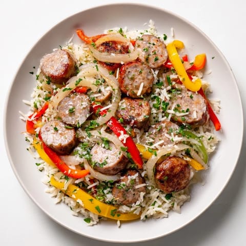 A close-up of a delicious and comforting Italian Sausage & Peppers Rice Plate, ready to eat.