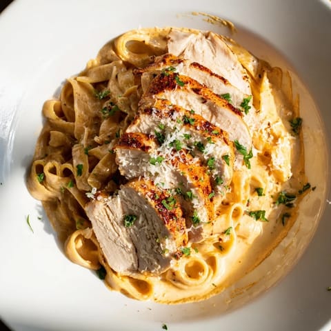 A close-up shot of the savory Cajun Chicken Alfredo Fettuccine, garnished with fresh parsley and Parmesan.