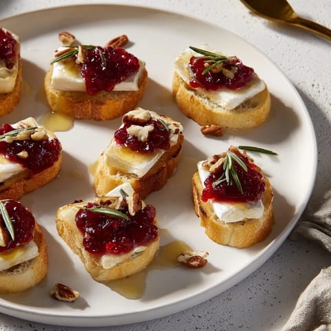 Elegant Quick Cranberry Brie Crostini appetizer with creamy melted Brie, cranberry sauce, and toasted baguette for serving.