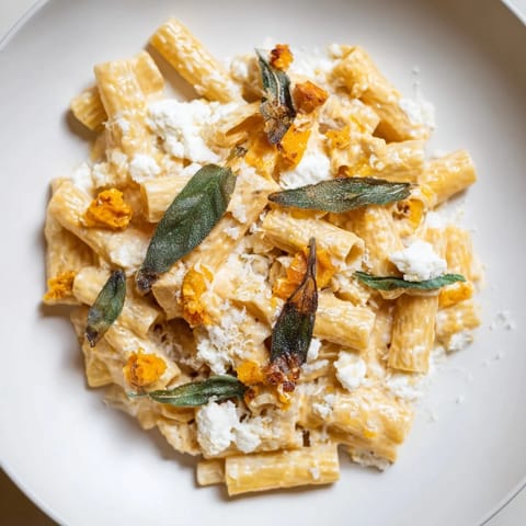 A close-up of the finished Roasted Butternut Squash and Sage Goat Cheese Pasta, garnished with crisp sage.