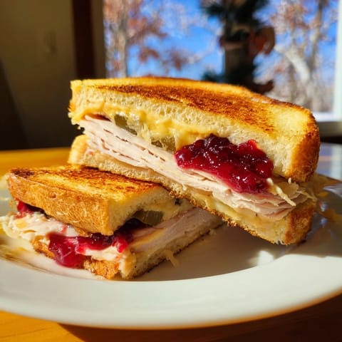 Warm, toasted Air Fryer Jalapeño Cranberry Turkey Grilled Cheese sandwich with a sweet and spicy aroma.