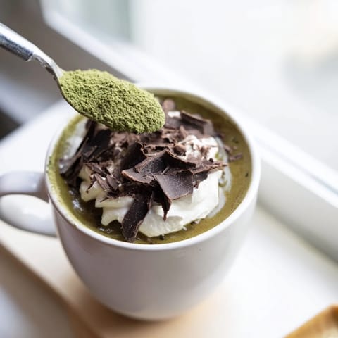 Enjoy a warm matcha hot cocoa protein mug, showcasing rich chocolate and matcha powders blending.