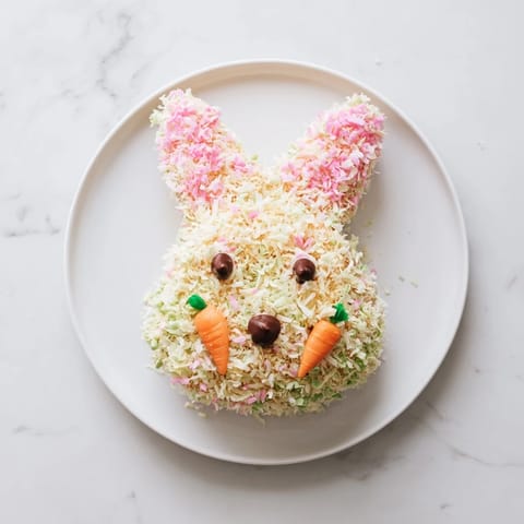 A charming Spring Bunny Carrot Cake decorated with fluffy white frosting, ready to eat.