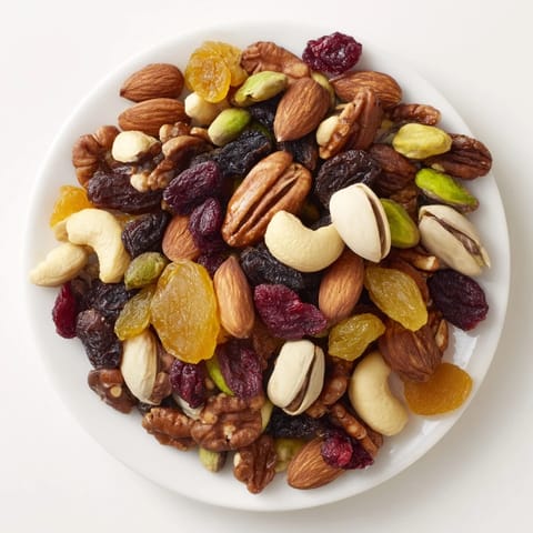 Bright mix of crunchy nuts and chewy dried fruit makes an easy party assortment.
