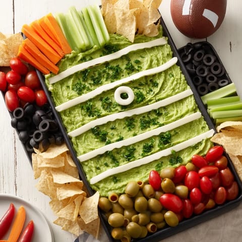 A visually appealing Game Day Football Field Snack Board features a green "field" of guacamole topped with fresh herbs.