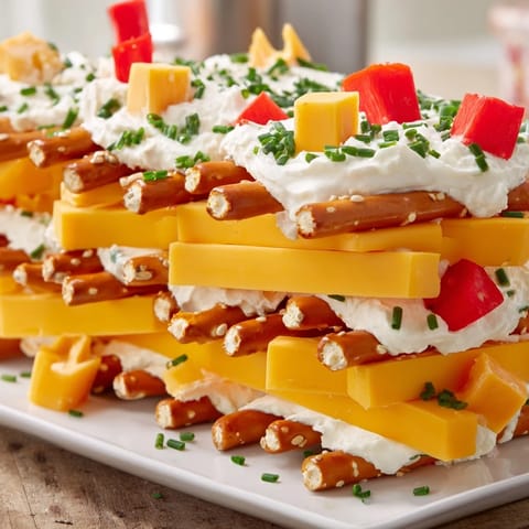 Delicious cheese and pretzel slices make up this inviting rustic log cabin party snack.