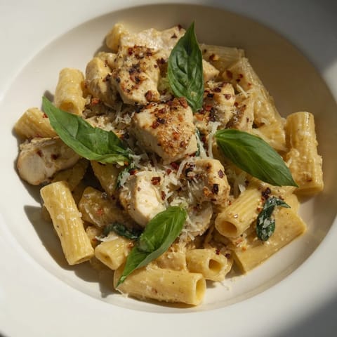 A close-up of Spicy Vodka Chicken Pasta, showcasing tender chicken in a vibrant, rich sauce.