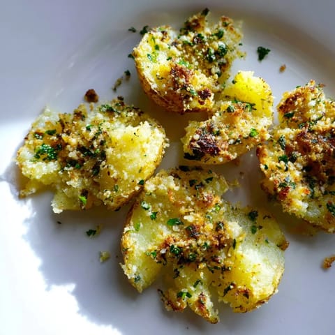 Close-up of garlic-herb Parmesan smashed potatoes, showing perfectly browned, textured edges and fluffy centers.