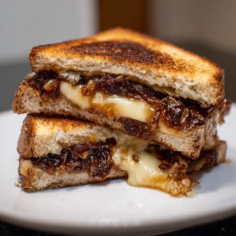 Crispy sourdough encasing gooey cheese and flavorful homemade bacon jam grilled cheese.