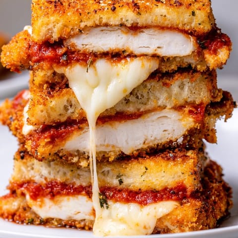 A close-up of a toasted Chicken Parm Grilled Cheese, showcasing juicy breaded chicken and melted cheese oozing between golden sourdough slices.