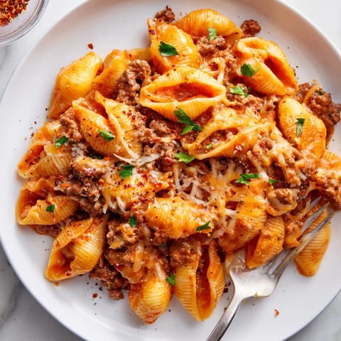 Savory ground beef shells nestled in a creamy tomato sauce, garnished with fresh parsley for a cozy weeknight meal.  