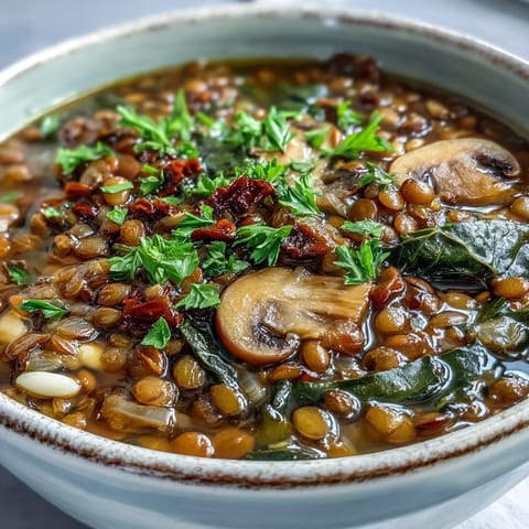 Savory mushroom barley soup, brimming with tender lentils and greens, a satisfying vegan meal.