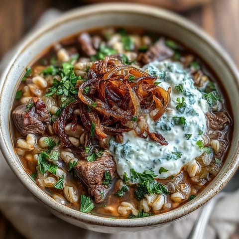 Aromatic beef barley soup garnished with crispy mint-fried onions, perfect for dinner.