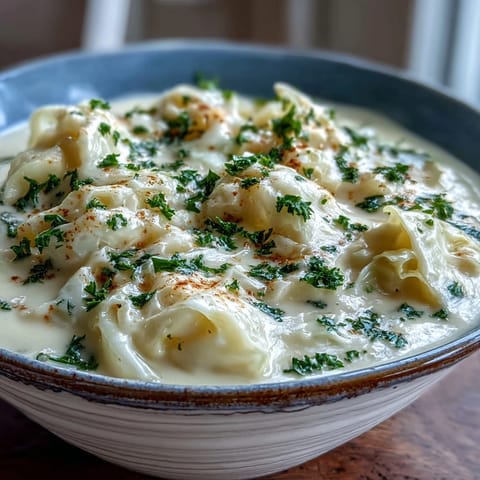 Creamy Potato Soup with Cabbage in a rustic bowl topped with fresh parsley and served beside crusty bread