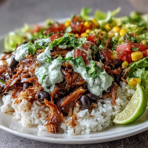 Golden, crispy carnitas piled high on a bed of cilantro-lime rice in a burrito bowl.