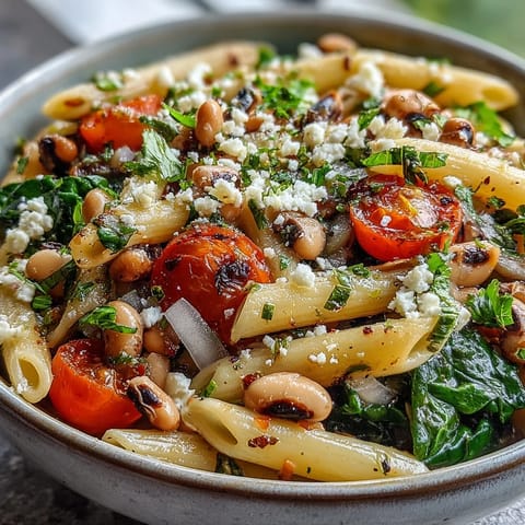 A close-up of Black-Eyed Pea Pasta with al dente penne, wilted spinach, and bright cherry tomatoes in a garlic olive oil sauce.