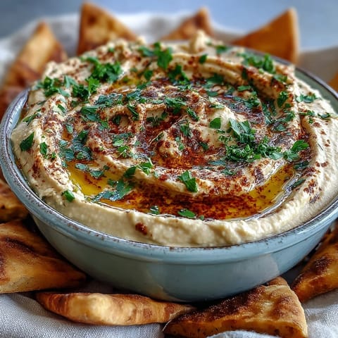 A bowl of homemade black-eyed pea hummus with olive oil drizzle and warm pita wedges for dipping.