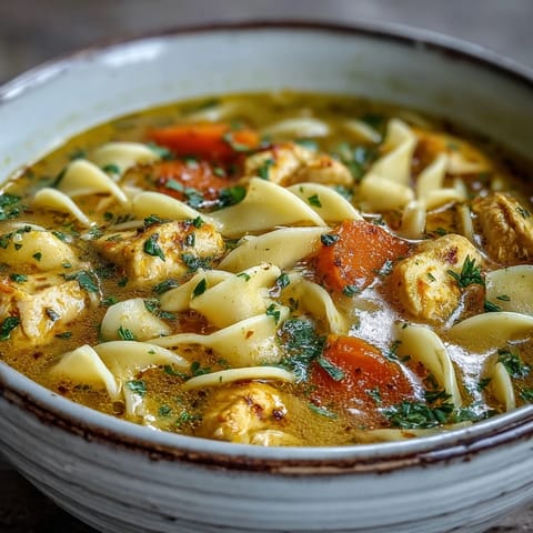 Creamy Ginger Turmeric Chicken Soup served steaming hot with fresh parsley garnish.