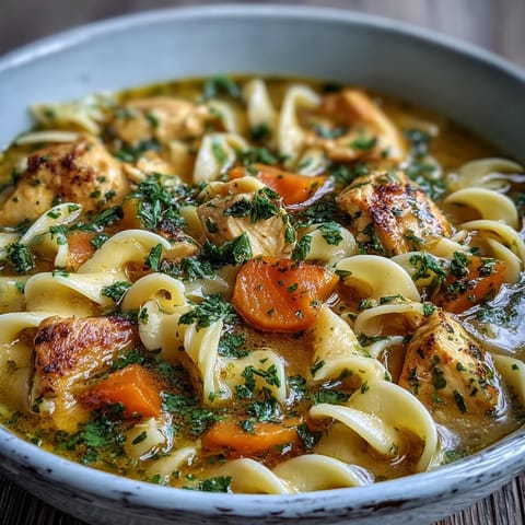Vibrant golden Ginger Turmeric Chicken Soup with tender chicken and egg noodles.