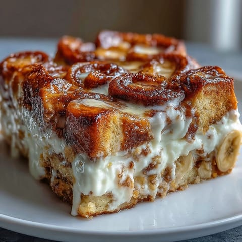 A close-up slice of Cream Cheese Swirl Cinnamon Roll French Toast Bake revealing marbled cheesecake swirls on a plate.