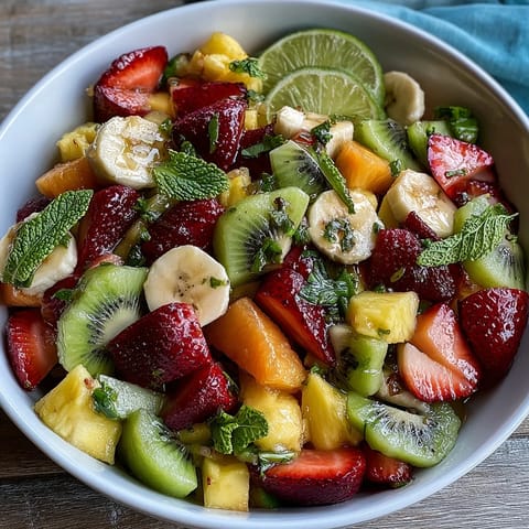 This vibrant Tropical Fruit Salad with Mint Lime Dressing features juicy watermelon and papaya, served chilled as a refreshing summer side dish.