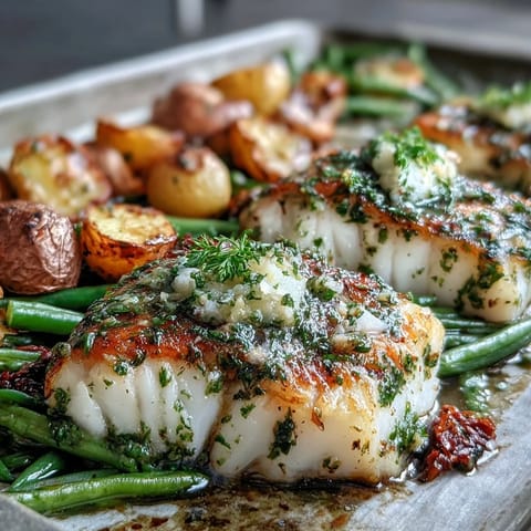 A close-up of Garlic Herb Butter Cod with Green Beans and Baby Potatoes highlights the sizzling butter and crisp, olive-oil-tossed vegetables.