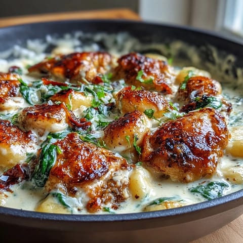 One-pan garlic chicken gnocchi dinner with golden seared chicken and pillowy gnocchi in creamy sauce.  
