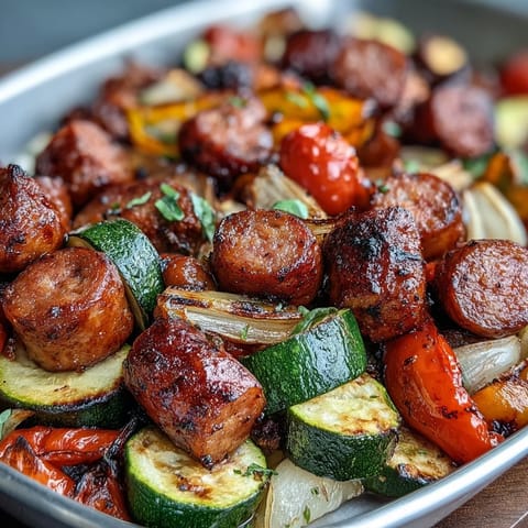 Smoky sheet pan sausage and veggies with warm garlic naan, roasted to caramelized perfection.  