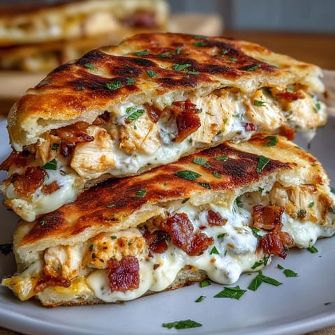 Warm, golden garlic naan stuffed with creamy ranch chicken, melted cheddar, and crispy bacon, grilled to perfection.  