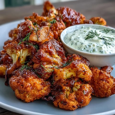 Golden-brown cauliflower bites coated in buttery buffalo sauce, paired with a refreshing homemade ranch yogurt dip—perfect for low-carb snacking.  